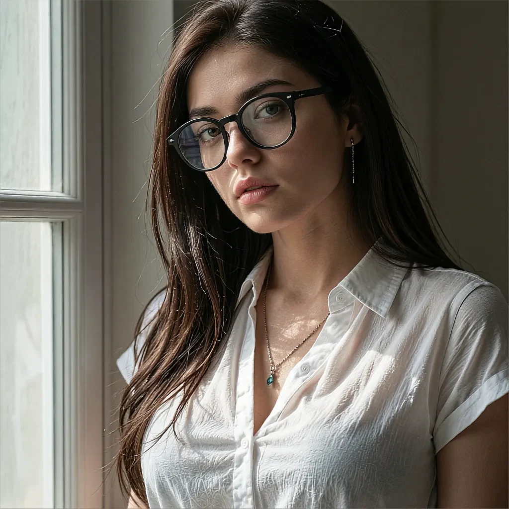 Fictional AI character in glasses and a white shirt at a window in daylight