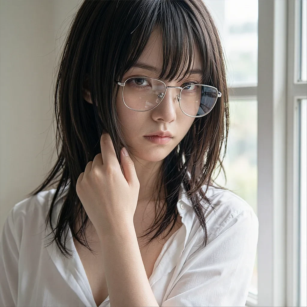 Fictional AI character in wire-framed glasses and an open white shirt beside a bright window