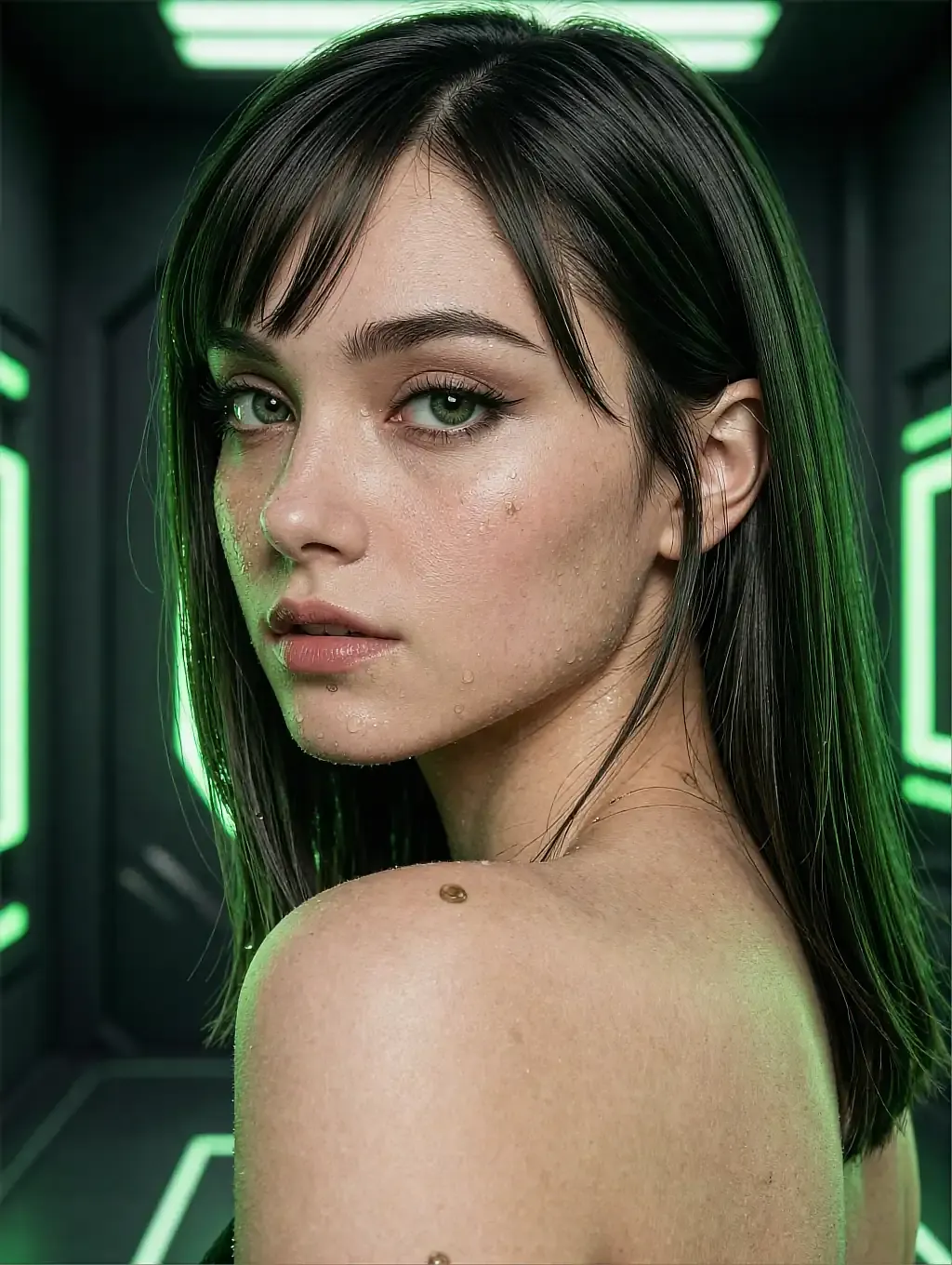 Fictional AI character with green-streaked black hair, bare shoulder turned to a green neon panel