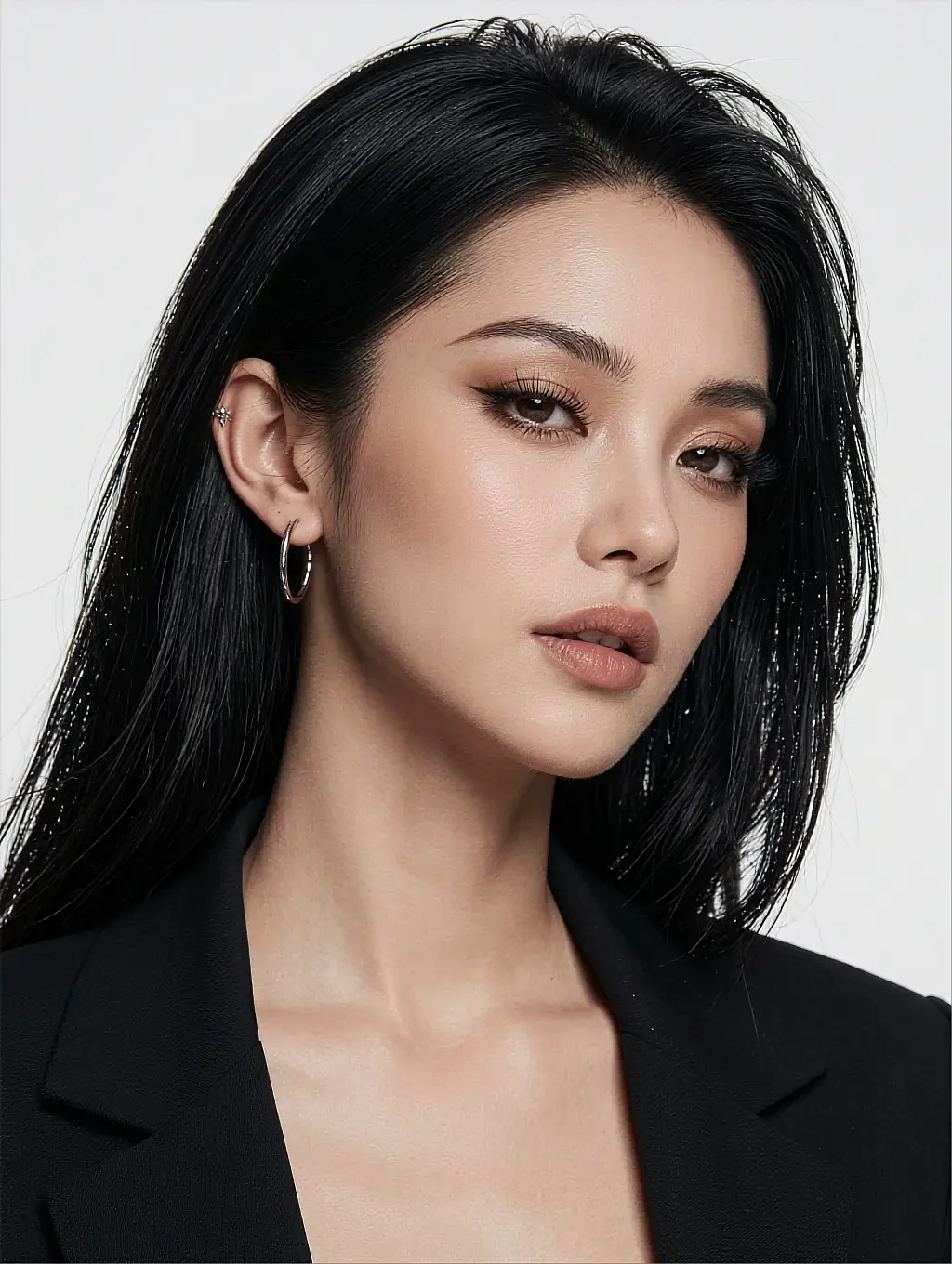Fictional AI character with long dark hair in a black blazer against a plain pale background