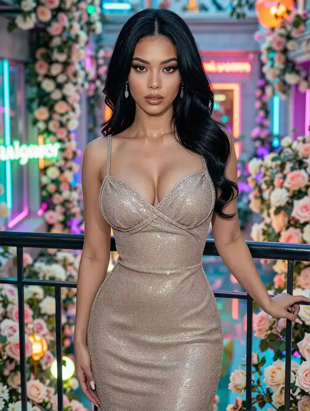 Fictional AI character in a beige sequinned dress in front of a wall of flowers and neon