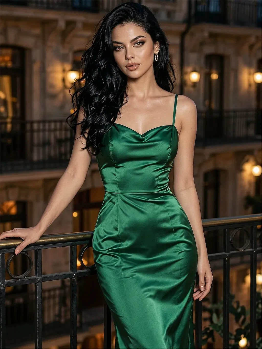 Fictional AI character in an emerald satin gown on the balcony of an ornate courtyard