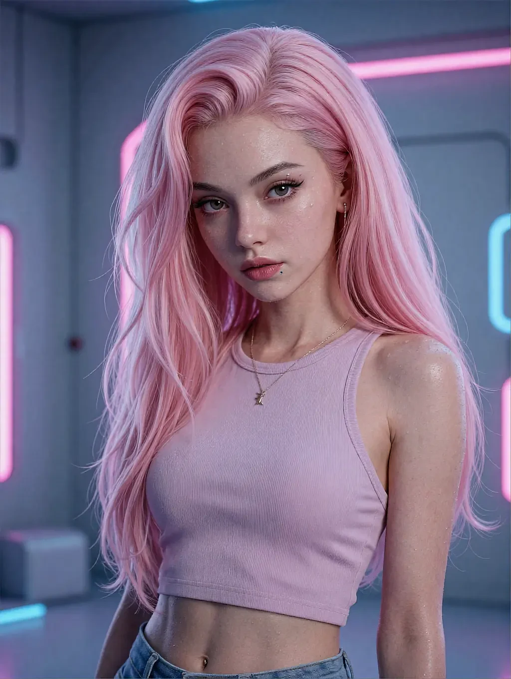 Fictional AI character with pale pink hair in a lilac tank top in a neon-lit room