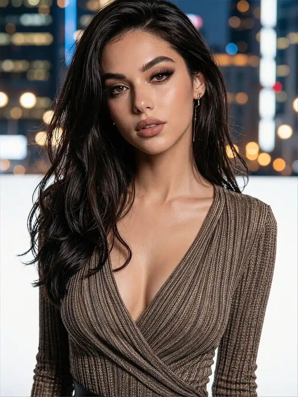Fictional AI character in a brown ribbed wrap top against night city lights