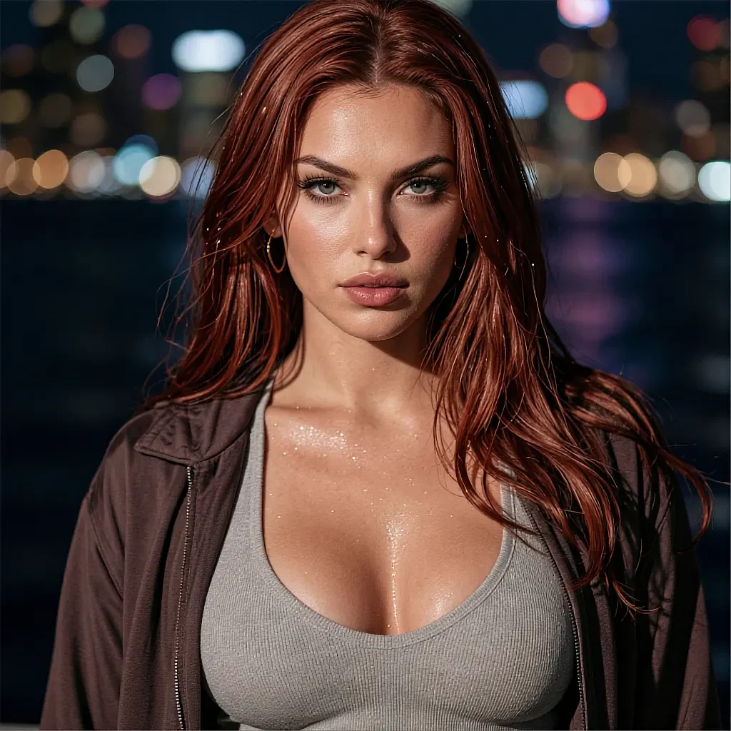 Fictional AI character with red hair in a pale top, city lights out of focus behind her